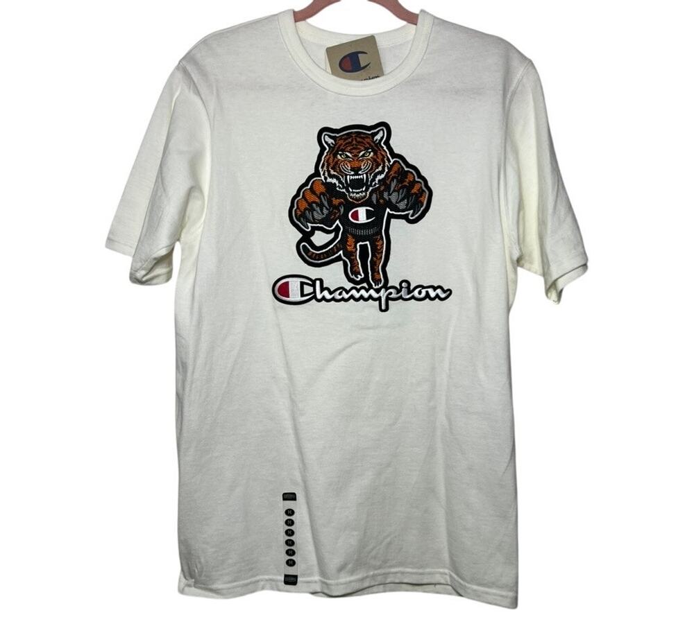 NWT Champion Ivory Embroidered Tiger Casual Activewear Graphic Basic T-Shirt Top